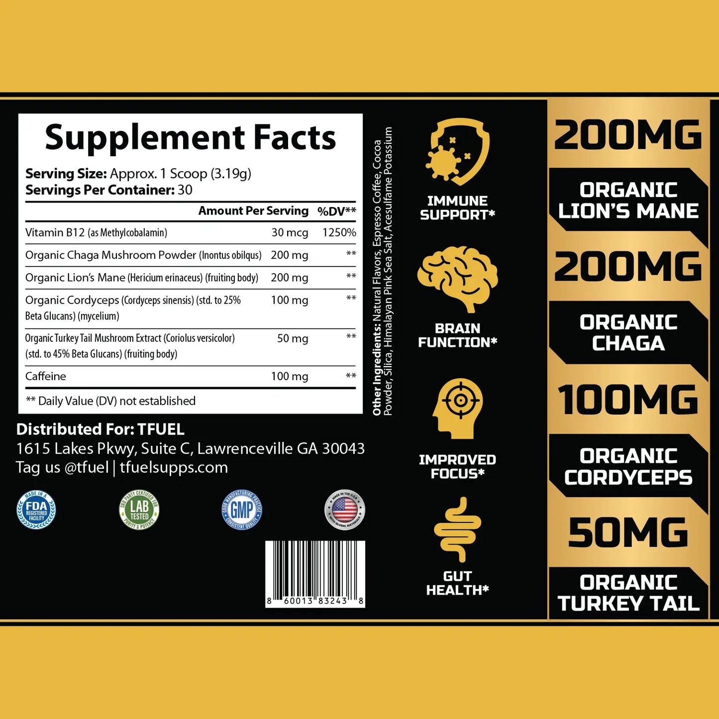 Mushroom Espresso - Organic Mushroom Coffee - Supplement Facts