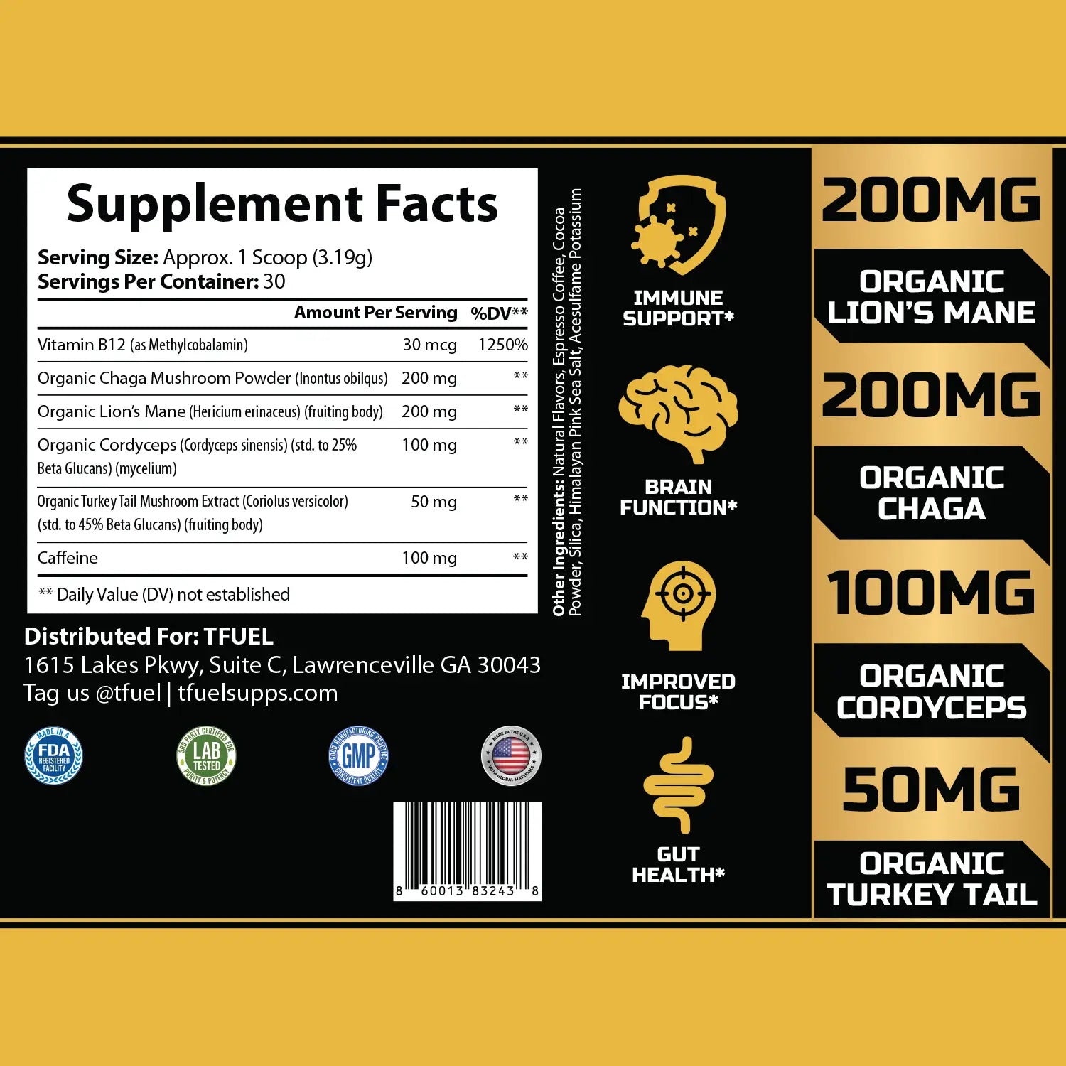 Mushroom Espresso - Organic Mushroom Coffee - Supplement Facts